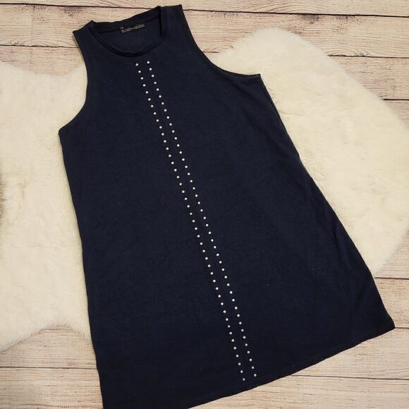 Zara navy blue sleeveless mini dress with gold studs down front - Picture 1 of 6